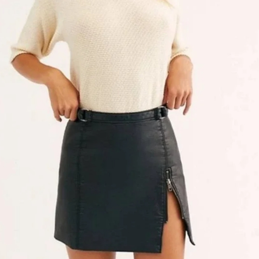 Free People Black Faux Midnight Magic Leather Mini Skirt